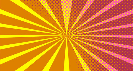 Fototapeta premium Vintage colorful comic book background. Pink Orange blank bubbles of different shapes. Rays, radial, halftone, dotted effects. For sale banner empty Place for text 1960s. Copy space vector eps10.