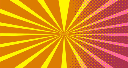 Vintage colorful comic book background. Pink Orange blank bubbles of different shapes. Rays, radial, halftone, dotted effects. For sale banner empty Place for text 1960s. Copy space vector eps10.