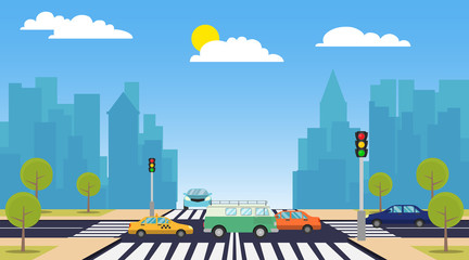 Cartoon city crossroads with cars in traffic jam, sidewalk, crosswalk and urban landscape. City skyline with houses banner. Vector