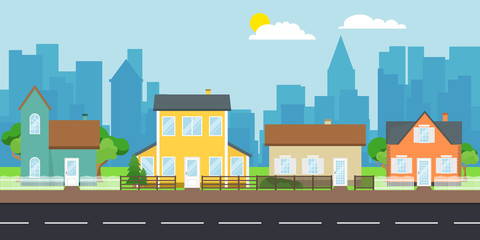 Street with facades of houses. Street with private houses on the background of the urban landscape. Vector illustration of a cartoon