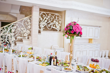 Beautiful wedding set decoration in the restaurant.
