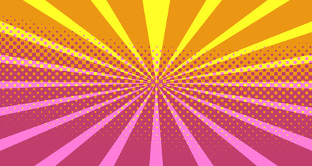 Fototapeta premium Vintage colorful comic book background. Pink Orange blank bubbles of different shapes. Rays, radial, halftone, dotted effects. For sale banner empty Place for text 1960s. Copy space vector eps10.