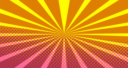 Vintage colorful comic book background. Pink Orange blank bubbles of different shapes. Rays, radial, halftone, dotted effects. For sale banner empty Place for text 1960s. Copy space vector eps10.