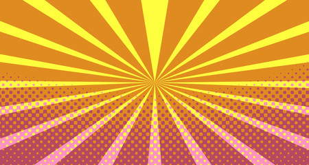 Obraz premium Vintage colorful comic book background. Pink Orange blank bubbles of different shapes. Rays, radial, halftone, dotted effects. For sale banner empty Place for text 1960s. Copy space vector eps10.