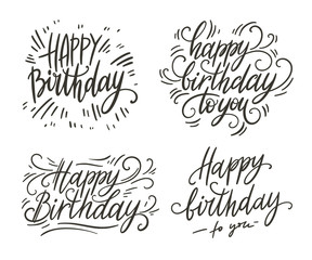 Happy birthday doodle hand lettering set. Romantic background. Greeting card design template. Vector illustration