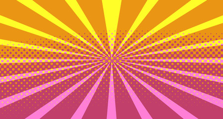 Vintage colorful comic book background. Pink Orange blank bubbles of different shapes. Rays, radial, halftone, dotted effects. For sale banner empty Place for text 1960s. Copy space vector eps10.