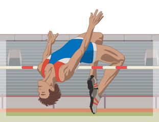 high jumper male clearing bar in mid-air with stadium in the background