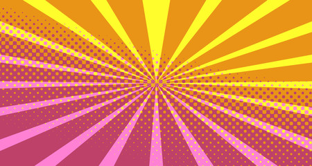 Vintage colorful comic book background. Pink Orange blank bubbles of different shapes. Rays, radial, halftone, dotted effects. For sale banner empty Place for text 1960s. Copy space vector eps10.