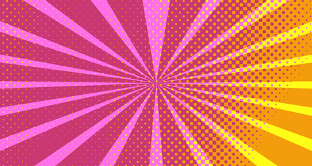 Vintage colorful comic book background. Pink Orange blank bubbles of different shapes. Rays, radial, halftone, dotted effects. For sale banner empty Place for text 1960s. Copy space vector eps10.