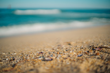 Fototapeta na wymiar Focus on the sandy beach and focused out gentle waves on a clear fine day with no cloud in the sky