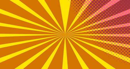 Vintage colorful comic book background. Pink Orange blank bubbles of different shapes. Rays, radial, halftone, dotted effects. For sale banner empty Place for text 1960s. Copy space vector eps10.