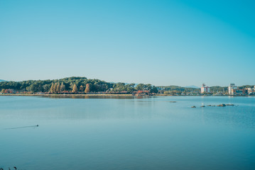 Small town in front of calm lake in Gangneung, South Korea