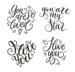You are so loved doodle hand lettering set. I love you romantic background. Greeting card design template. Vector illustration