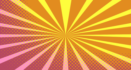 Vintage colorful comic book background. Pink Orange blank bubbles of different shapes. Rays, radial, halftone, dotted effects. For sale banner empty Place for text 1960s. Copy space vector eps10.