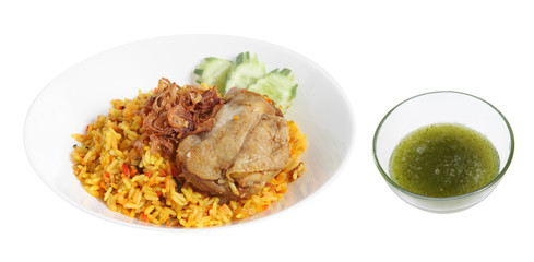 muslim rice with chicken and spicy sauce on white background, Muslim food in ceramic dish