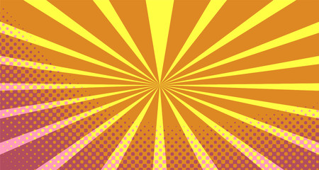 Obraz premium Vintage colorful comic book background. Pink Orange blank bubbles of different shapes. Rays, radial, halftone, dotted effects. For sale banner empty Place for text 1960s. Copy space vector eps10.