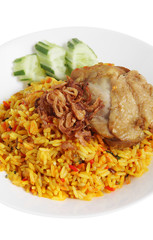 muslim rice with chicken from herb isolated on white background, Muslim food in ceramic dish