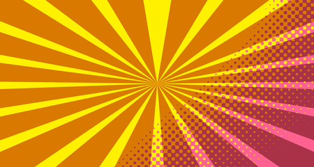 Vintage colorful comic book background. Pink Orange blank bubbles of different shapes. Rays, radial, halftone, dotted effects. For sale banner empty Place for text 1960s. Copy space vector eps10.