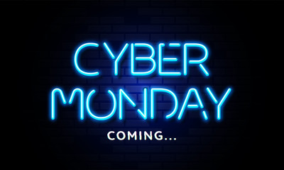 Blue neon Cyber Monday coming banner in fashionable neon style, luminous signboard, nightly advertising of sales rebates of cyber Monday. brick background.