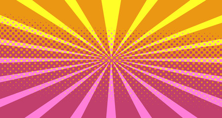 Vintage colorful comic book background. Pink Orange blank bubbles of different shapes. Rays, radial, halftone, dotted effects. For sale banner empty Place for text 1960s. Copy space vector eps10.