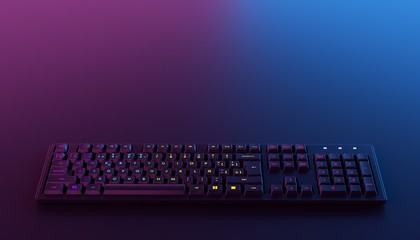 RGB gaming keyboard backlit on dark background. © Negro Elkha