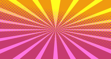 Fototapeta premium Vintage colorful comic book background. Pink Orange blank bubbles of different shapes. Rays, radial, halftone, dotted effects. For sale banner empty Place for text 1960s. Copy space vector eps10.