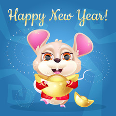 Cute Chinese mouse kawaii character social media post mockup. Happy New Year lettering. Positive poster, greeting card template with animal with gold ingot. Symbol of 2020 Print, postcard illustration