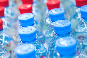Rows of water bottles, clean drinking water, beautiful background