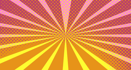 Vintage colorful comic book background. Pink Orange blank bubbles of different shapes. Rays, radial, halftone, dotted effects. For sale banner empty Place for text 1960s. Copy space vector eps10.