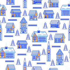 Winter pattern consists of different houses, Christmas trees and fences. Three patterns are included. Two are the same: on white and on transparent backgrounds. The third pattern without a stroke.