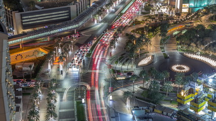 View of intersection with many transports in traffic night Timelapse Aerial