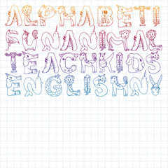 Animal alphabet. Zoo alphabet. Letters from A to Z. Cartoon cute animals. Elephant, dog, flamingo, giraffe, horse, alligator, bear, cat.