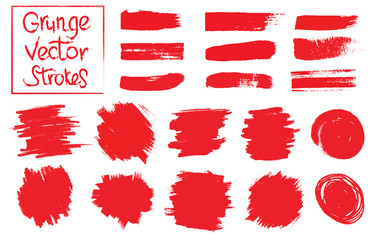 Set of red brush strokes, stains and circles. Set of grunge elements. Vector illustration.