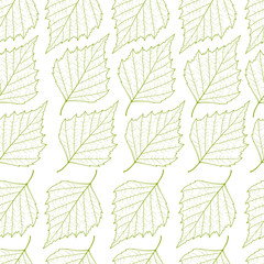 Seamless background with green sketch drawn birch leaves. Vector illustration