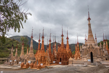 Shwe Inn Dain Pagoda, Inle lake, Myanmar. Ancient Inn Dain complex consists of 1054 pagodas.