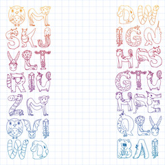 Animal alphabet. Zoo alphabet. Letters from A to Z. Cartoon cute animals. Elephant, dog, flamingo, giraffe, horse, alligator, bear, cat.