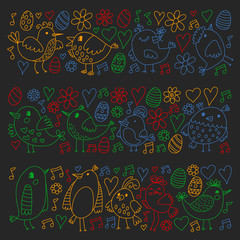 Pattern kids fabric, textile, nursery wallpaper. Vector illustration. Hand drawn singing birds and flowers for little children.