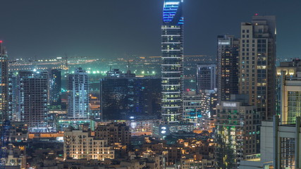 Obraz premium Amazing aerial view of Dubai downtown skyscrapers night timelapse, Dubai, United Arab Emirates