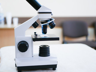 Medical microscope. Large view. Black and white. Laboratory microscope stereo eyepiece in the laboratory.