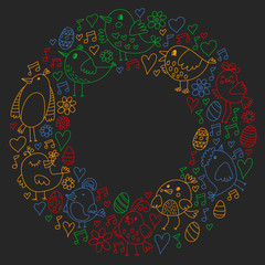 Pattern kids fabric, textile, nursery wallpaper. Vector illustration. Hand drawn singing birds and flowers for little children.