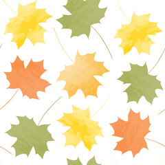 Autumn maple watercolor leaves seamless background isolated on white background. Vector illustration. 