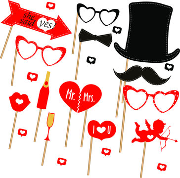Photo booth template. Collection decorative elements, such as moustache, hat, glasses, cupid, heart. Set of sticker of the Valentine day. Wedding vector elements on isolated background.