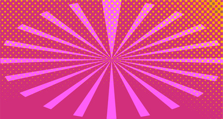 Vintage colorful comic book background. Pink Orange blank bubbles of different shapes. Rays, radial, halftone, dotted effects. For sale banner empty Place for text 1960s. Copy space vector eps10.