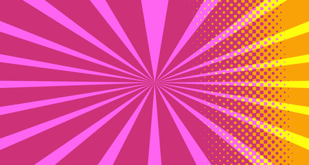 Vintage colorful comic book background. Pink Orange blank bubbles of different shapes. Rays, radial, halftone, dotted effects. For sale banner empty Place for text 1960s. Copy space vector eps10.