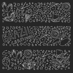 Brazilian vector pattern with palm, beach, sea, carnival. Brazil icons for posters and banners.