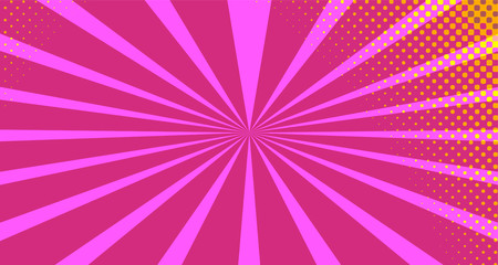 Vintage colorful comic book background. Pink Orange blank bubbles of different shapes. Rays, radial, halftone, dotted effects. For sale banner empty Place for text 1960s. Copy space vector eps10.
