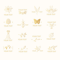 Set of hand drawn golden wedding branding with floral branches, cones and elements. Gold borders with animals for feminine design. Vector isolated.