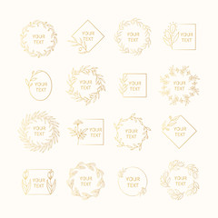 Collection of hand drawn golden floral branches for wedding branding. Gold wreaths, frames and borders for design templates. Vector isolated. 