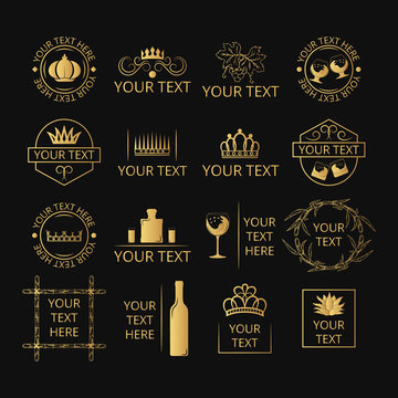 Collection of hand drawn golden bottle branding with glasses, crowns. Gold wreaths, frames and borders for alcohol royal design. Vector isolated.