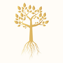 Naklejka na ściany i meble Golden tree with roots silhouette. Vector isolated Illustration.